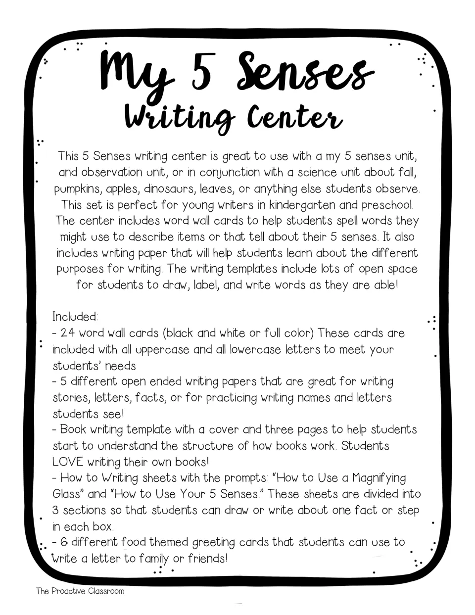Introduction listing contents: 24 word wall cards, 5 writing papers, a book template, how-to sheets and greeting cards