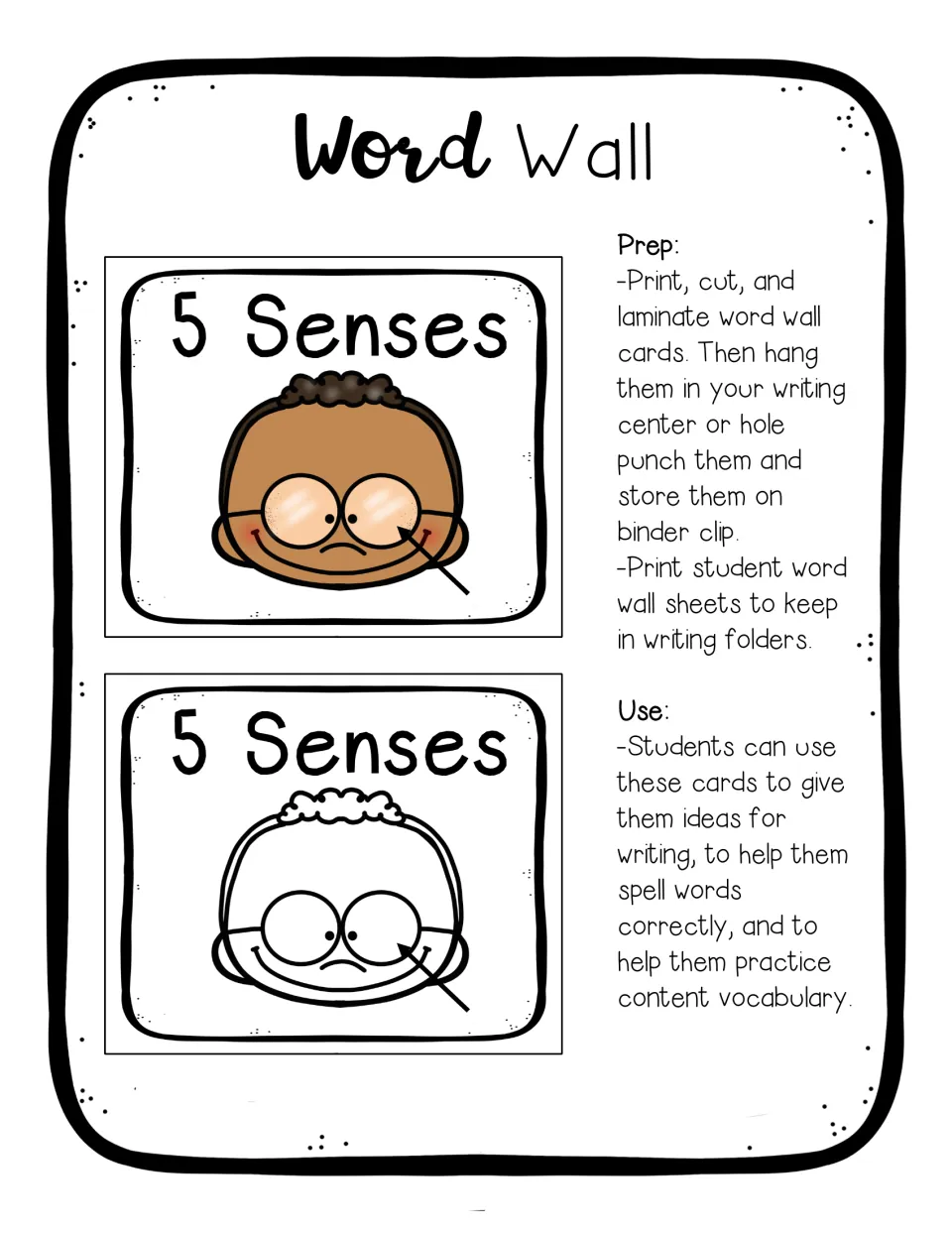 Word wall header cards titled 5 Senses in color and black and white, with prep steps to print, cut, laminate and hang
