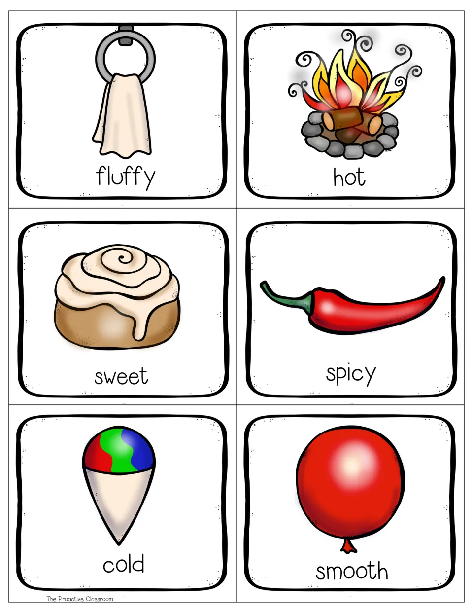 Color adjective cards: fluffy towel, hot campfire, sweet cinnamon roll, spicy pepper, cold snow cone, smooth balloon