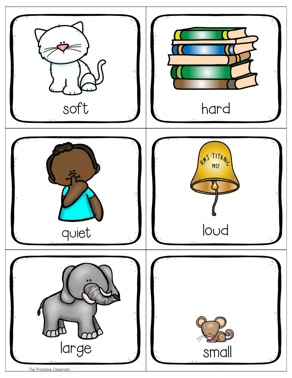 Opposite describing words on color cards: soft kitten, hard books, quiet child, loud bell, large elephant and small mouse