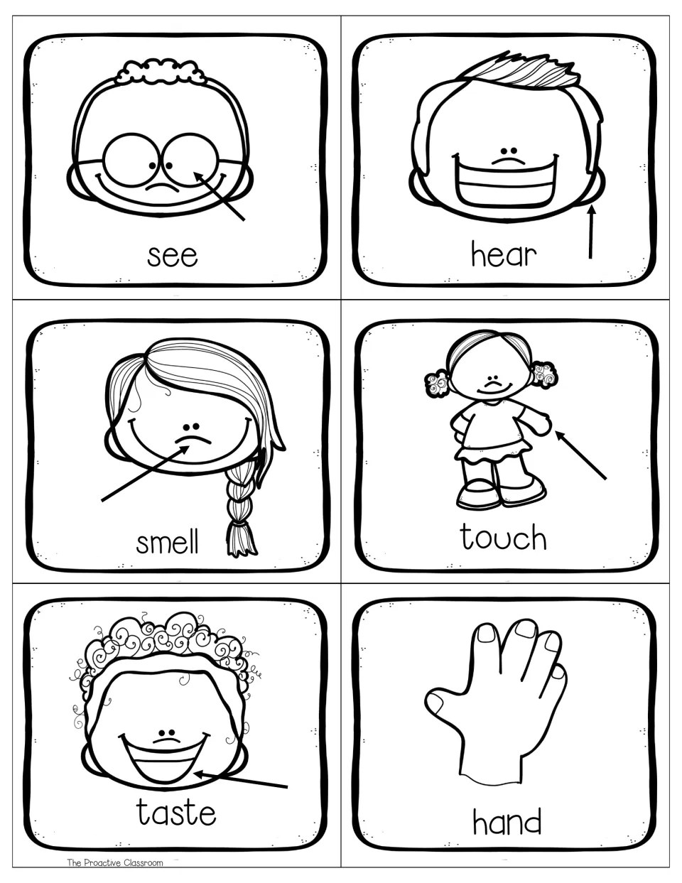 Black and white sense word cards for see, hear, smell, touch, taste and hand, with arrows pointing to each body part