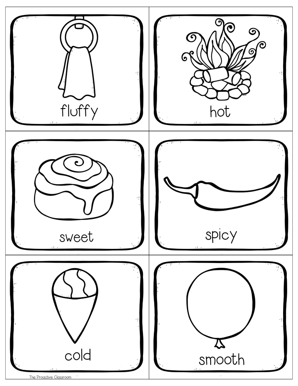 Black and white adjective cards: fluffy towel, hot campfire, sweet roll, spicy pepper, cold snow cone and smooth balloon