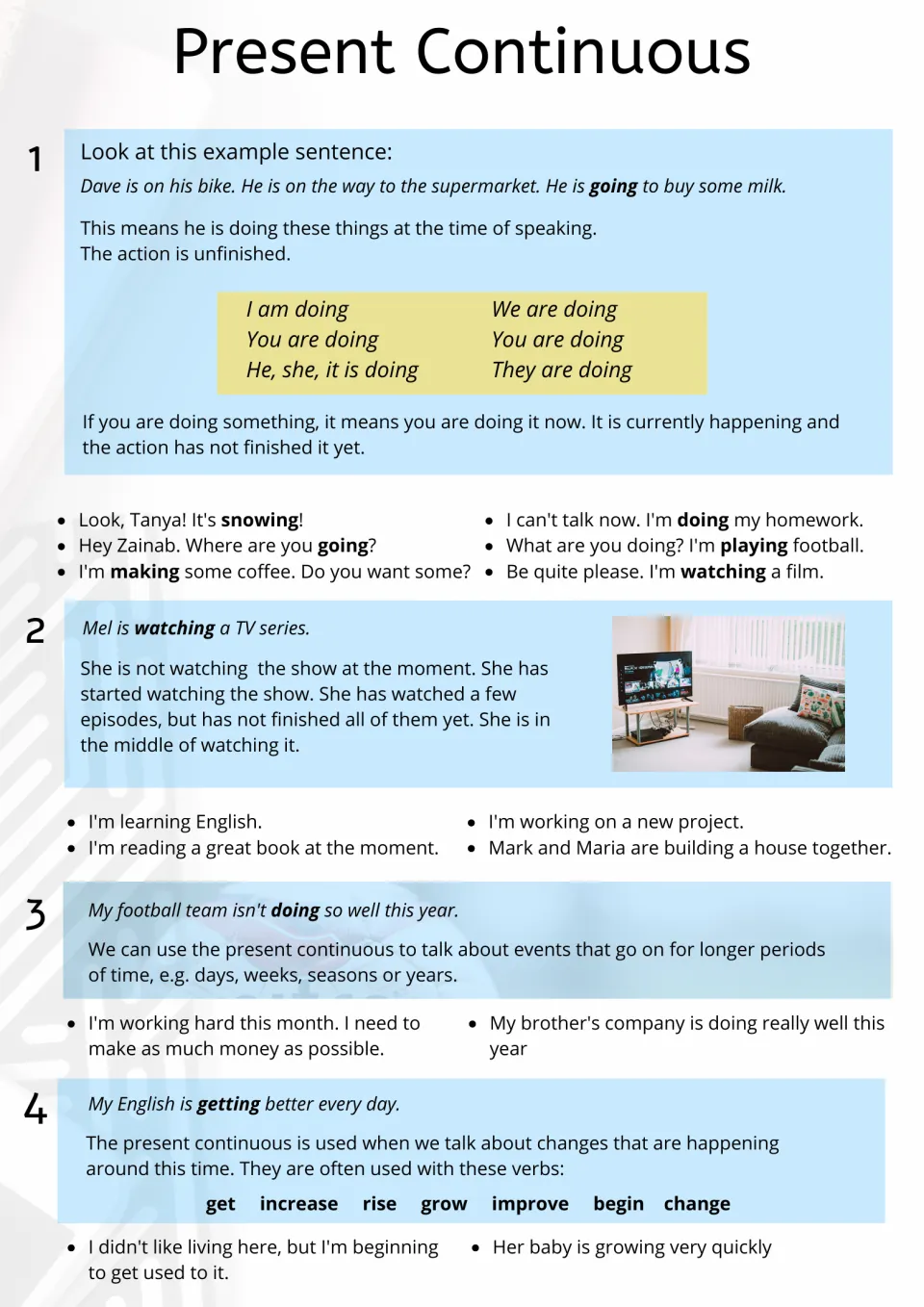 Present continuous reference handout: 'I am doing' forms and four uses, each with example sentences