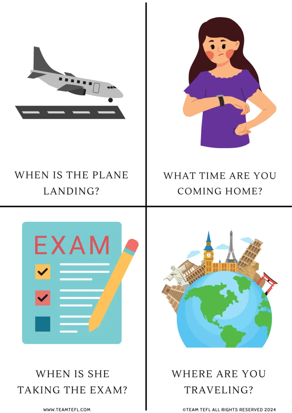 Present continuous future questions: four flashcards ask when the plane is landing, coming home, the exam and traveling