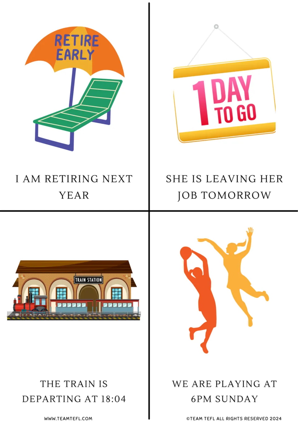 Future arrangements: flashcards stating retiring next year, leaving a job tomorrow, an 18:04 train and a Sunday game
