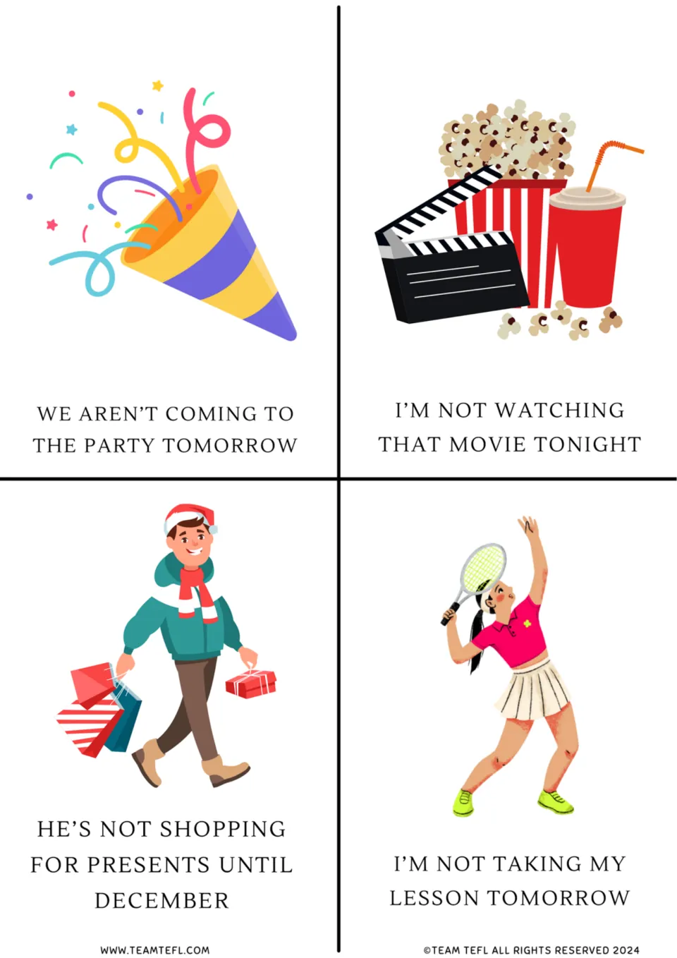 Negative future plans flashcards: not coming to the party, not watching a movie, not shopping until December, no lesson