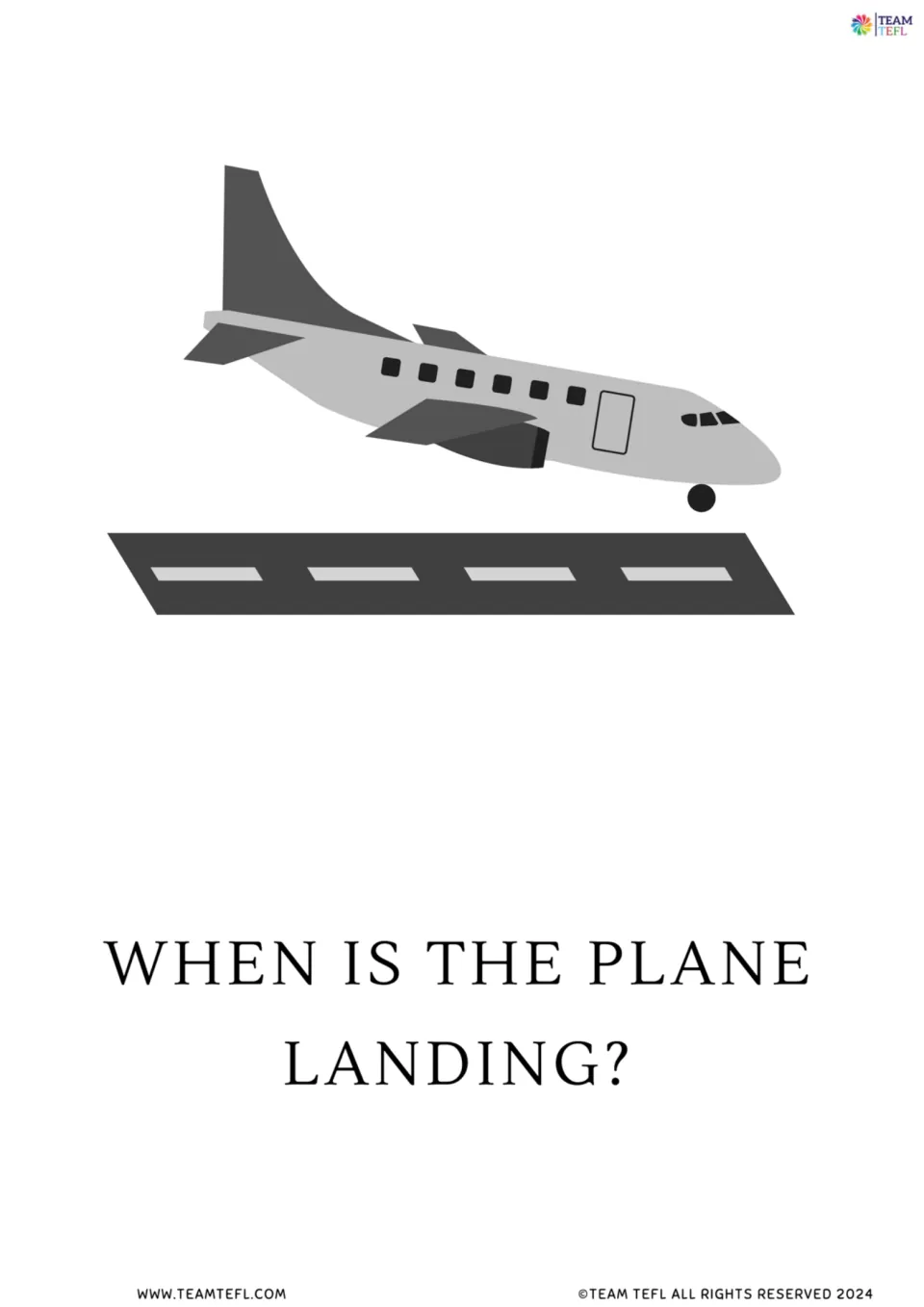 Question flashcard "When is the plane landing?" with a plane touching down on a runway, for asking about scheduled times