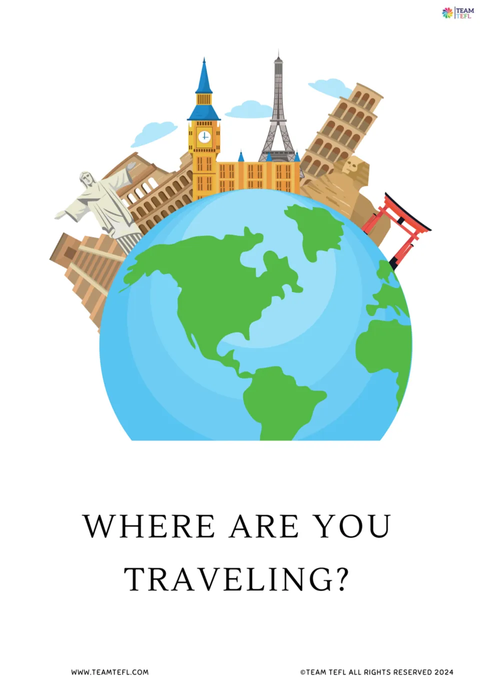 Question flashcard "Where are you traveling?" with a globe topped by world landmarks, asking about planned destinations