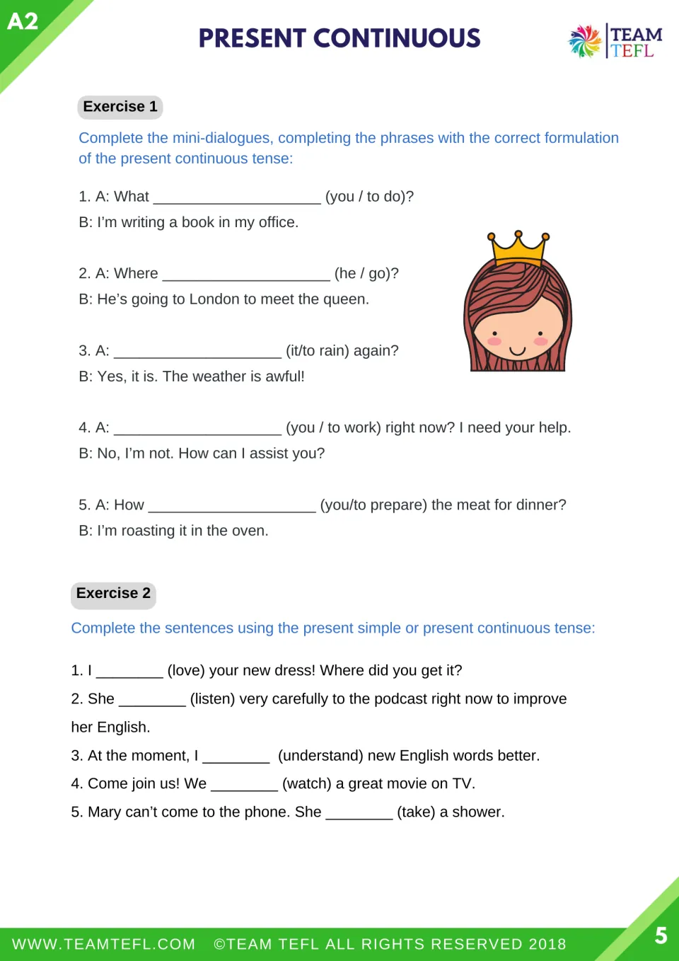 Exercises 1 and 2: complete five mini-dialogues in present continuous, then choose present simple or continuous for 5 gaps