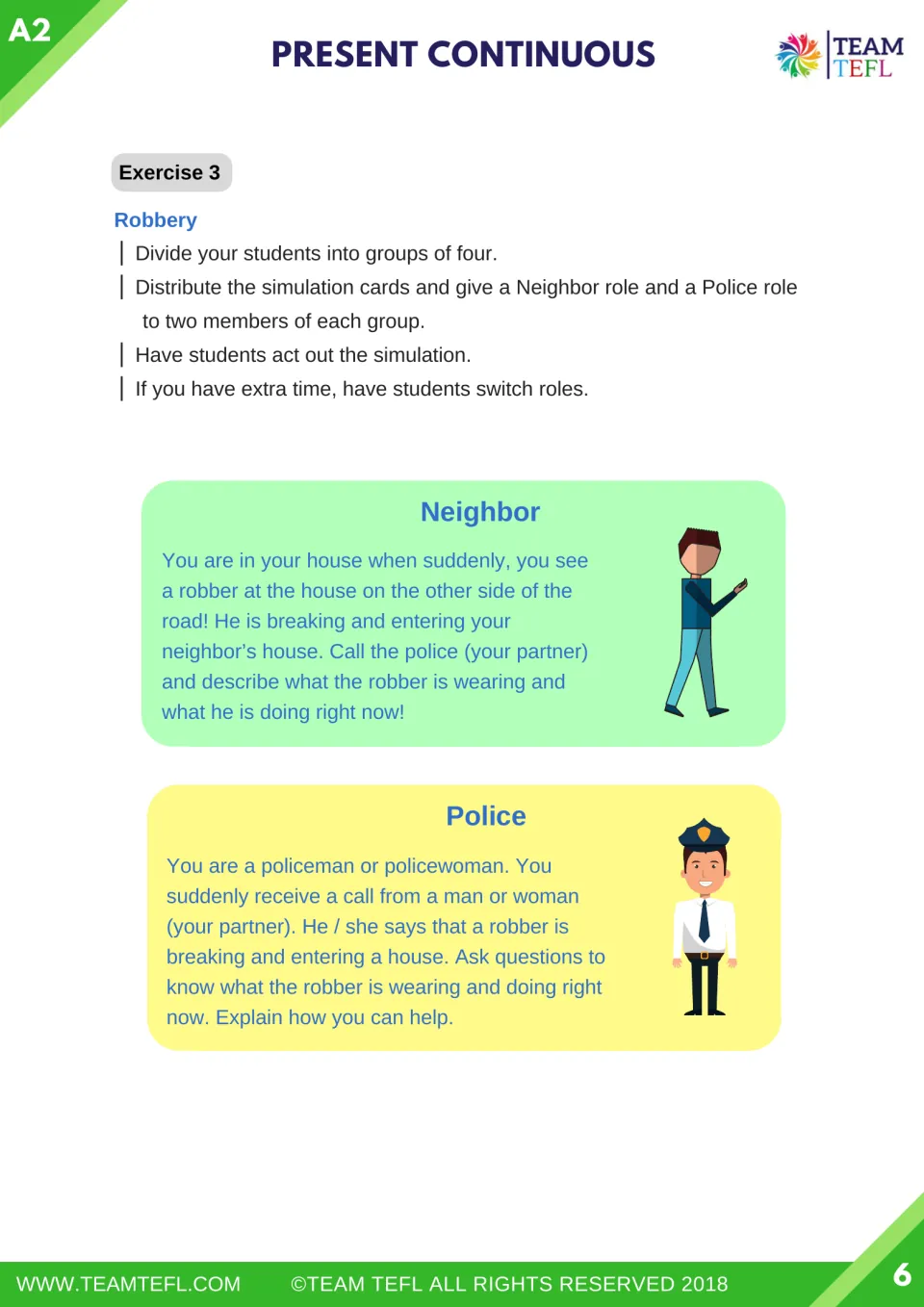 Exercise 3 Robbery role-play: a neighbor phones police to describe what a robber is wearing and doing right now