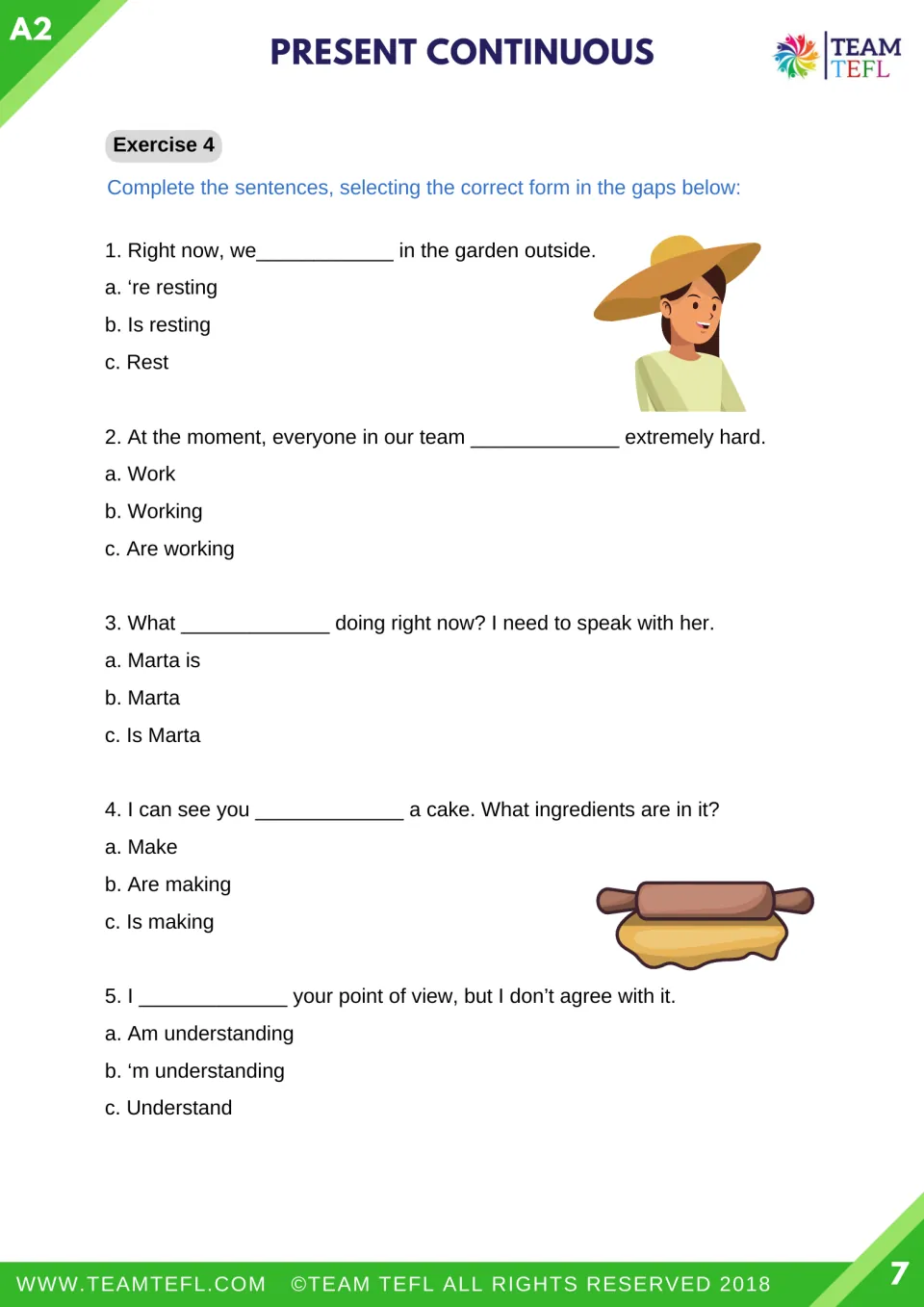 Exercise 4 multiple choice, items 1-5: students pick the correct verb form to fill each gap, e.g. 're resting or are making