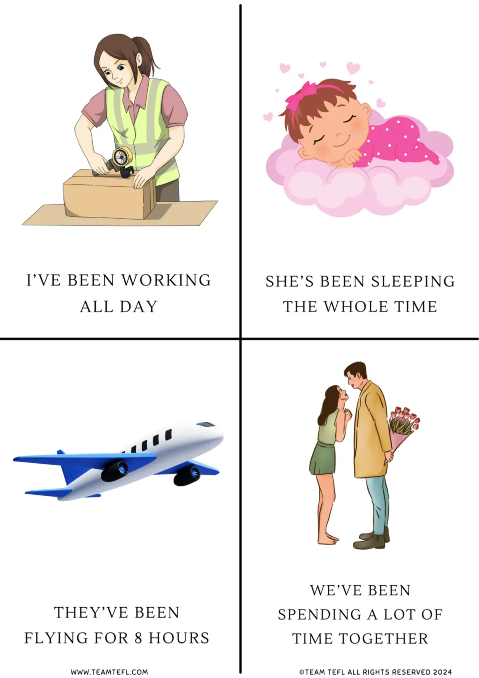Present perfect continuous flashcards 1–4: working all day, sleeping, flying for 8 hours, and time together
