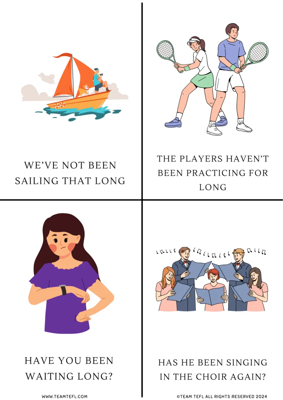 Present perfect continuous flashcards 5–8: sailing and tennis negatives, plus waiting and choir questions