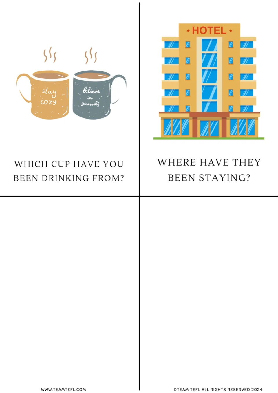 Flashcards 9–10: “Which cup have you been drinking from?” and “Where have they been staying?”