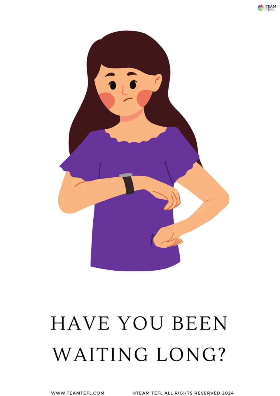 Full-page flashcard 7: “Have you been waiting long?” illustrated by a woman checking her wristwatch