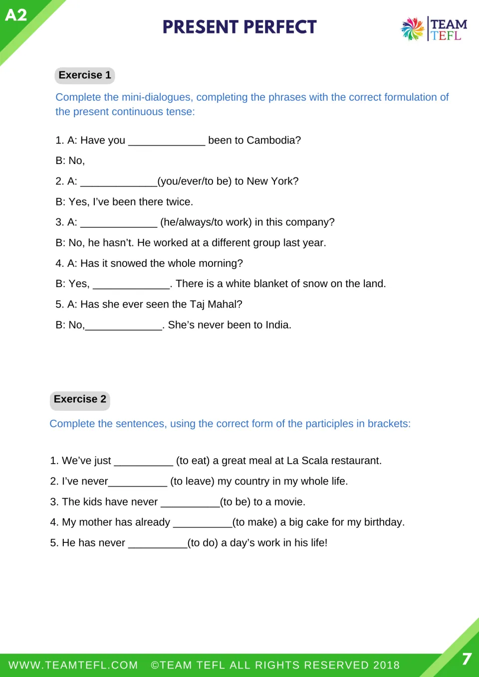 Exercises 1 and 2: students complete five mini-dialogues and five gap-fill sentences using past participles in brackets