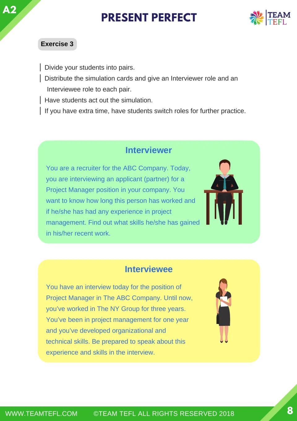 Exercise 3 job interview role-play: pairs use interviewer and interviewee cards about a Project Manager role at ABC Company