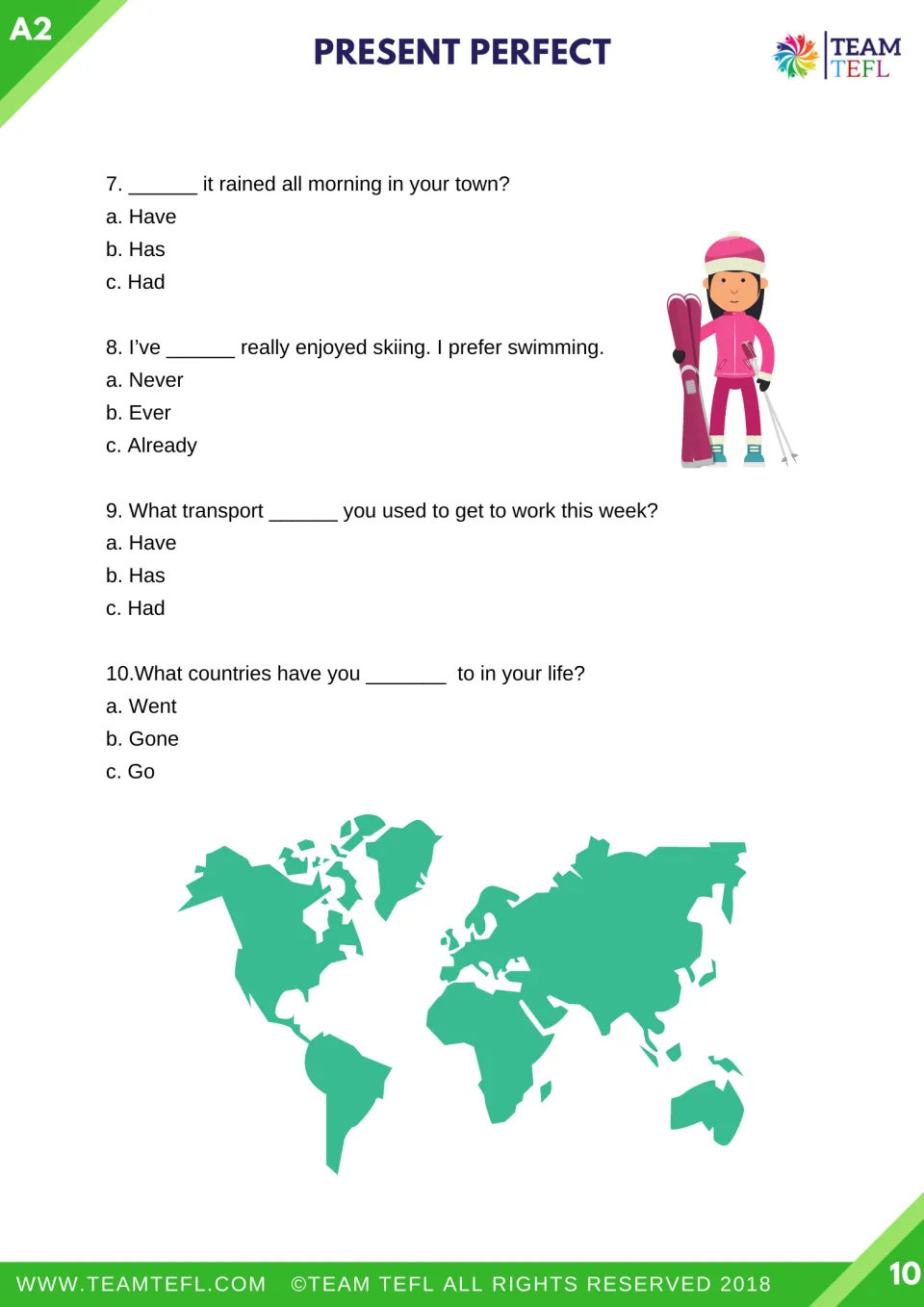 Multiple choice items 7-10 continued: choosing have, has or had, never or ever, and gone versus went in present perfect