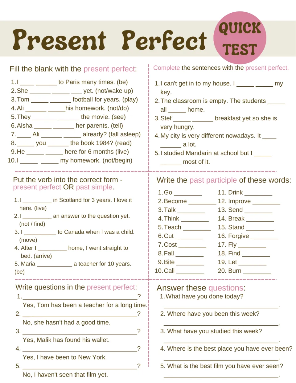 Present perfect test: verb gap fills, past simple comparisons, 20 past participles, and question writing