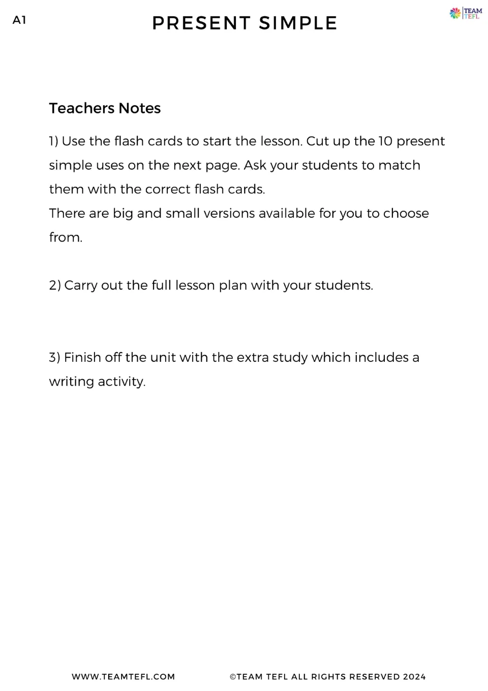 Teacher notes for the present simple unit: match flashcards, follow the lesson plan, and finish with writing.
