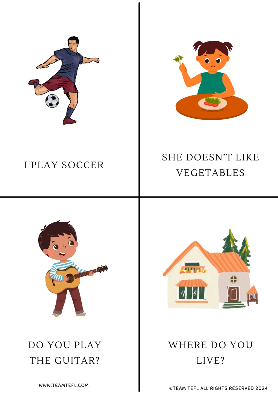 Present simple flashcards 1–4 show playing soccer, disliking vegetables, and questions about guitar and home.