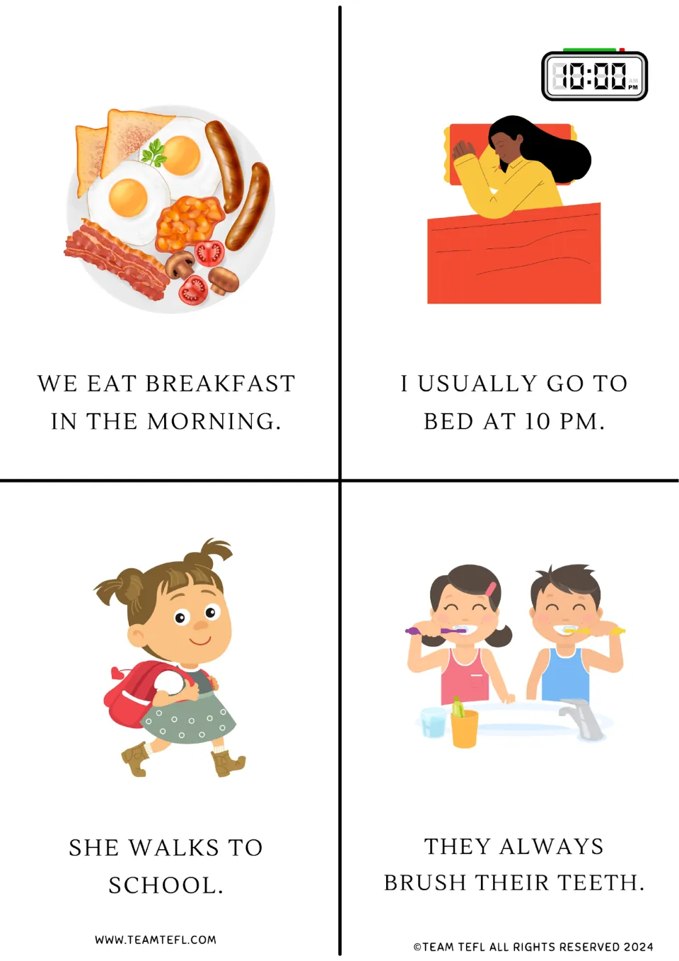 Present simple flashcards 5–8 show breakfast, bedtime at 10 p.m., walking to school, and brushing teeth.