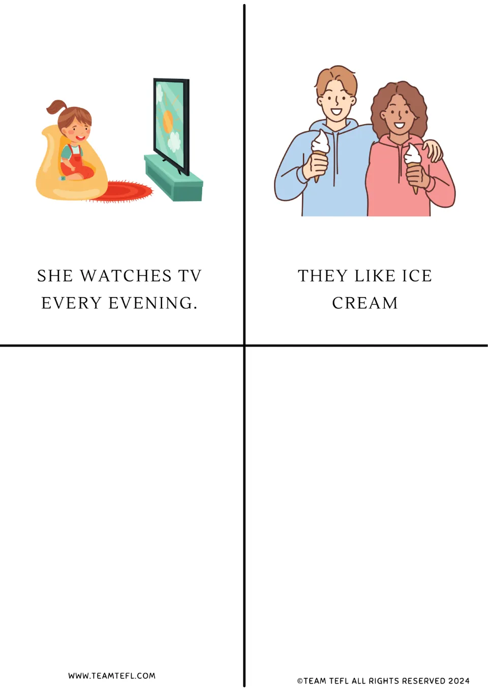 Present simple flashcards 9–10 read 'She watches TV every evening' and 'They like ice cream,' with pictures.