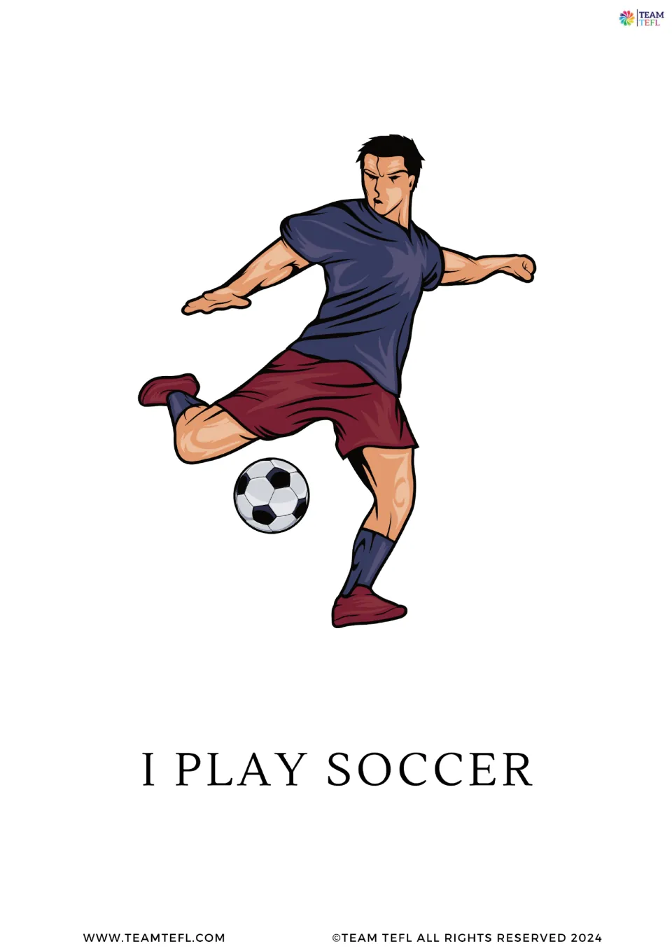 Large present simple flashcard 1 reads 'I play soccer' beneath a soccer player, modeling an affirmative statement.
