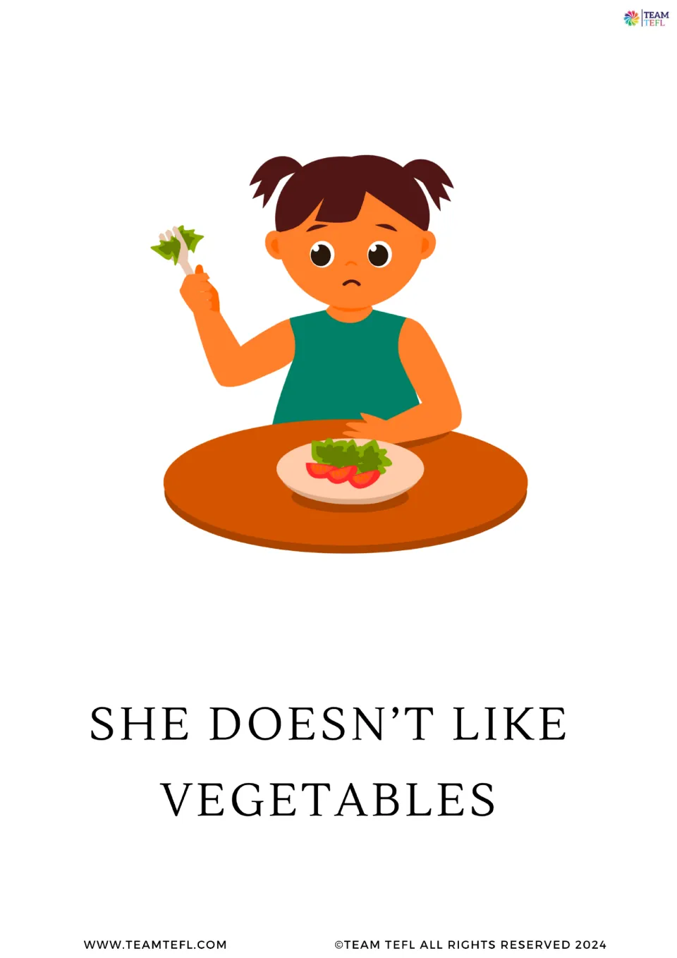 Large present simple flashcard 2 reads 'She doesn’t like vegetables' and shows a girl with vegetables.