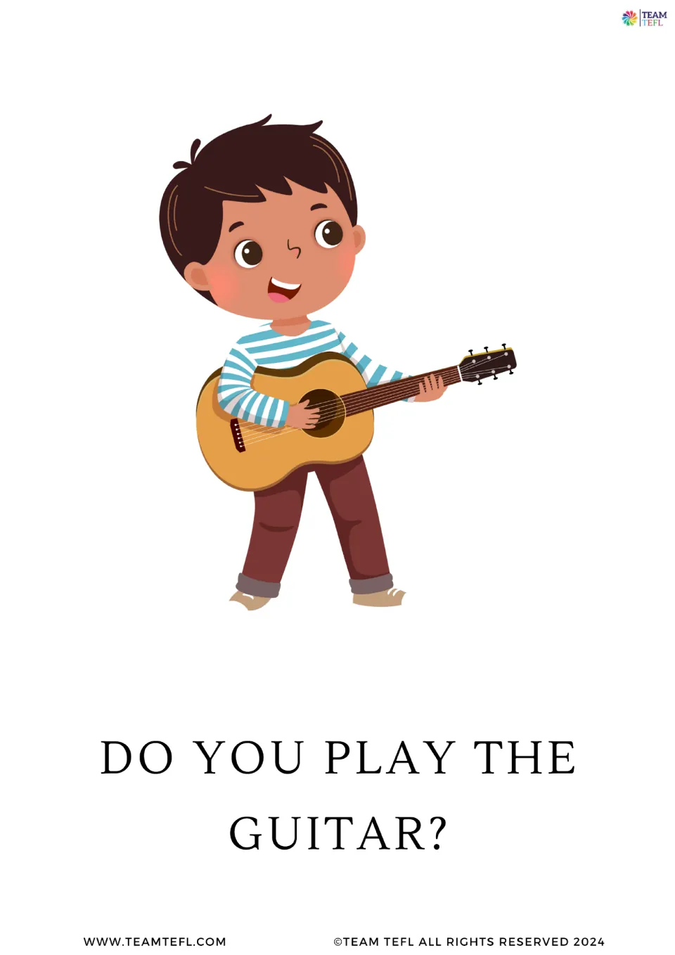 Large present simple flashcard 3 asks 'Do you play the guitar?' and shows a boy holding a guitar.