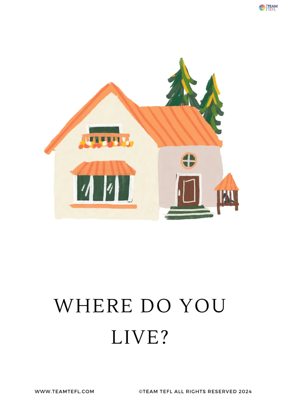 Large present simple flashcard 4 asks 'Where do you live?' beneath a house, modeling a wh-question.