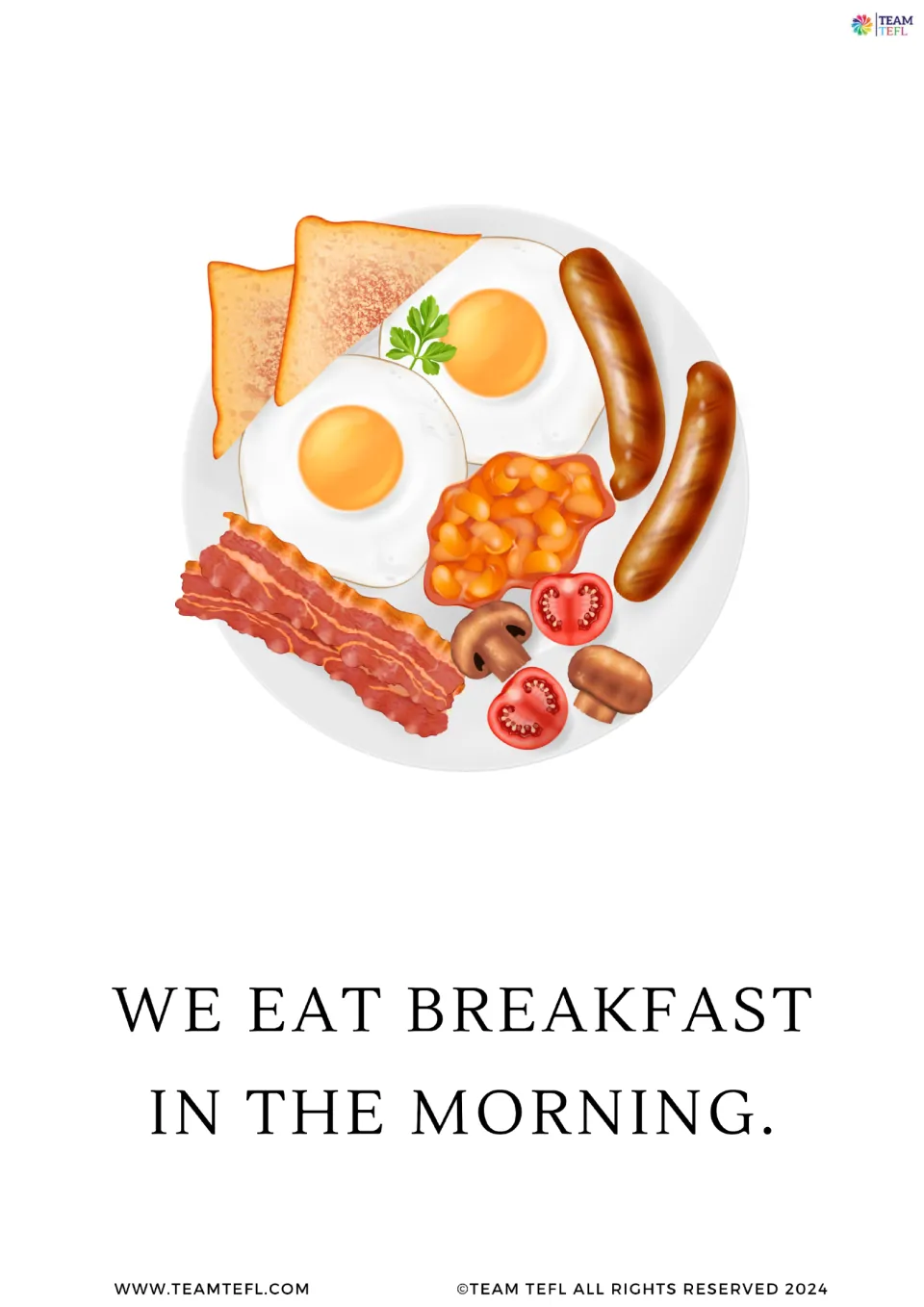 Large present simple flashcard 5 reads 'We eat breakfast in the morning' beneath a plate of breakfast foods.