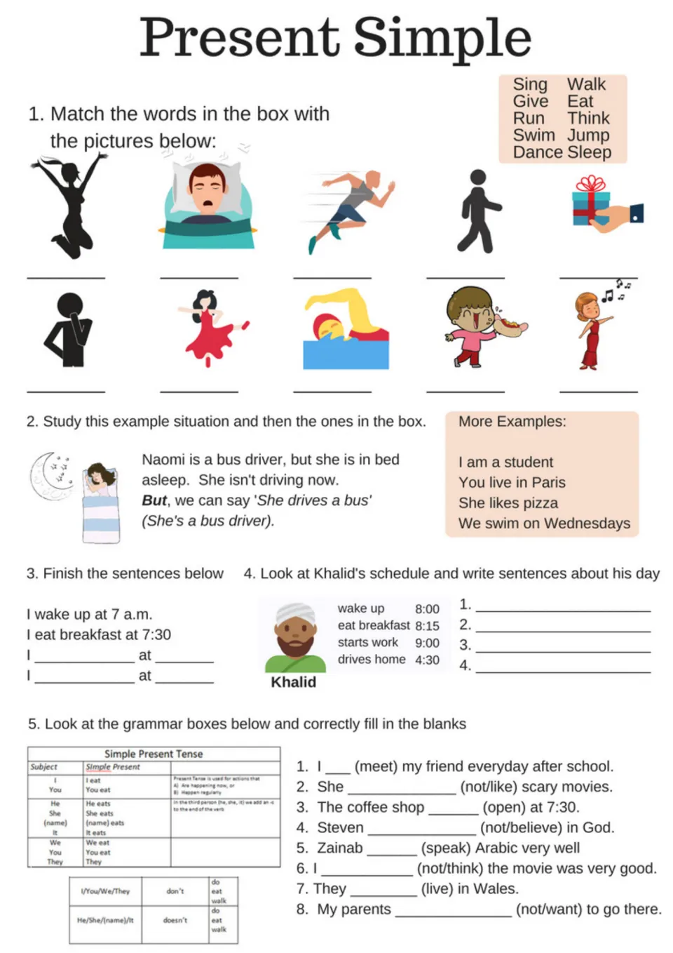 Present simple intro: students match action verbs to pictures and write sentences from Khalid's daily schedule