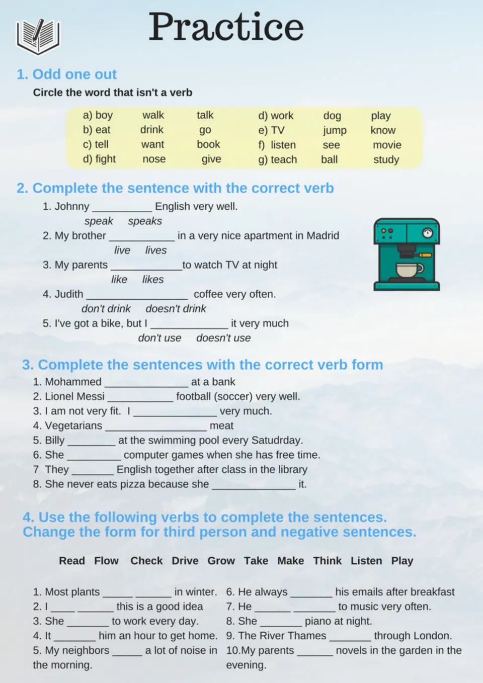Verb practice: students circle the word that isn't a verb, then pick speak/speaks or don't/doesn't to finish sentences