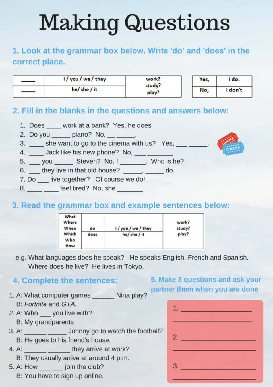 Making questions: students sort do and does, complete yes/no and wh- questions, then write three to ask a partner