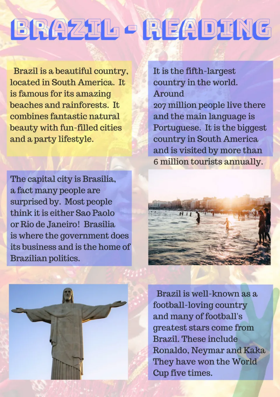 Brazil reading: students read facts on its size, language, capital Brasilia and football stars, with two photos