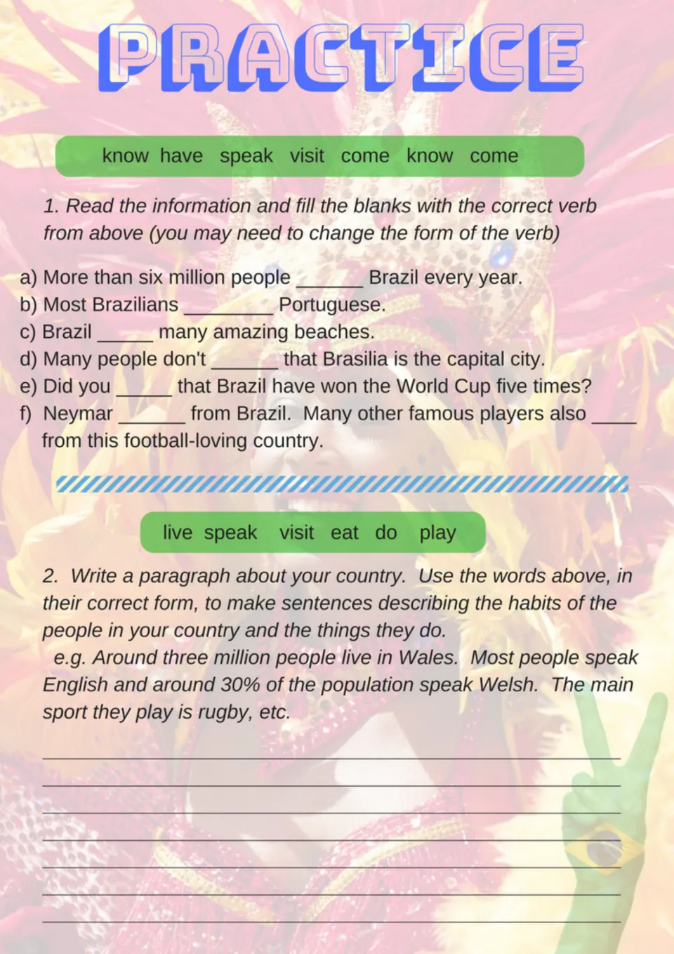 Brazil verb practice: students fill blanks using know, speak, visit and come, then write about habits in their country