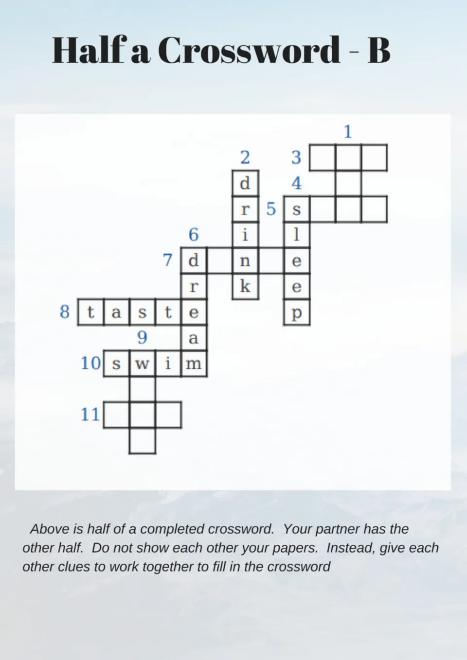 Half a Crossword B: verb grid showing drink, sleep, dream, taste and swim; partners trade spoken clues to finish it