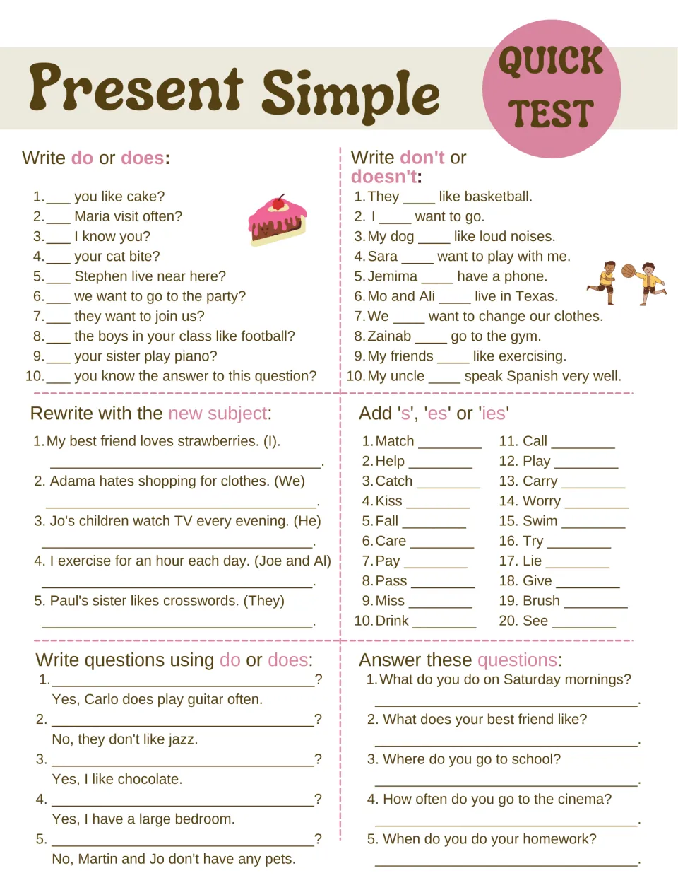 Present simple test: do or does, don't or doesn't, subject changes, verb endings, and question practice