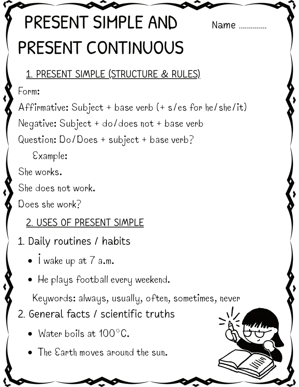 Present simple rules: affirmative, negative and question forms, then uses for daily routines and facts with examples