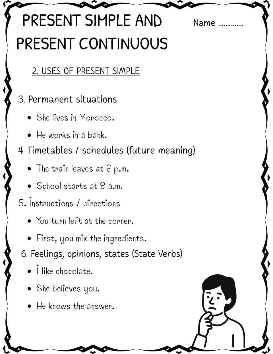 More present simple uses: permanent situations, timetables, instructions and state verbs, each with two or three examples
