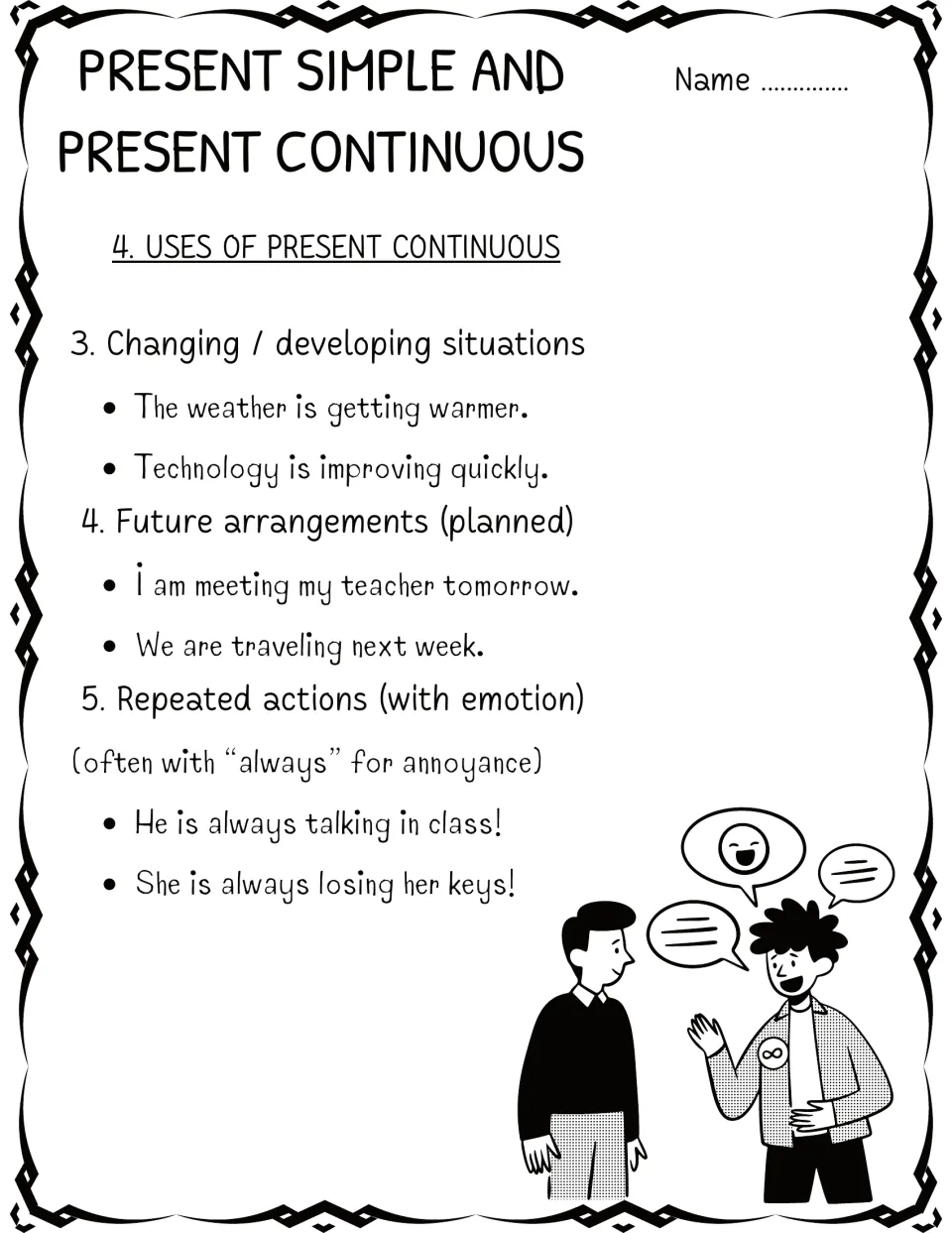 Present continuous uses: changing situations, planned future arrangements and annoying repeated actions with 'always'