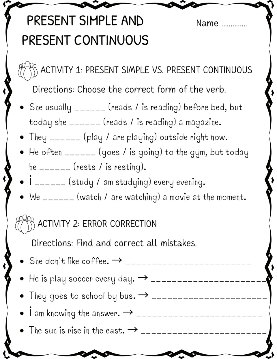 Tense choice and error correction: students pick reads or is reading in 5 sentences, then fix 5 incorrect sentences