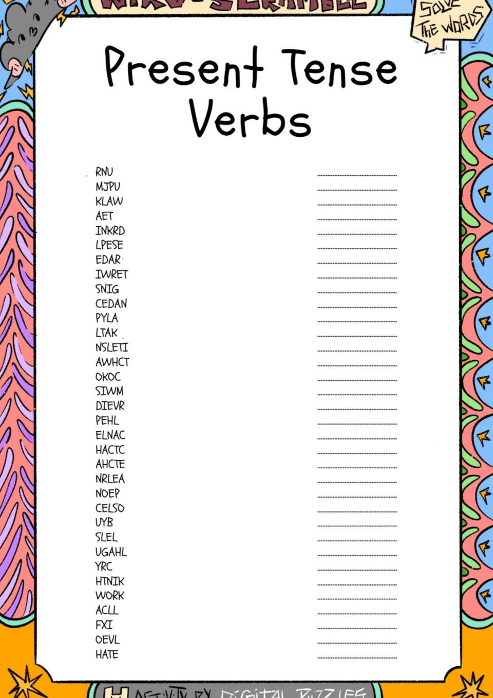 Present tense verbs: students unscramble 34 action words such as RNU, KLAW and SNIG and write each correctly spelled word
