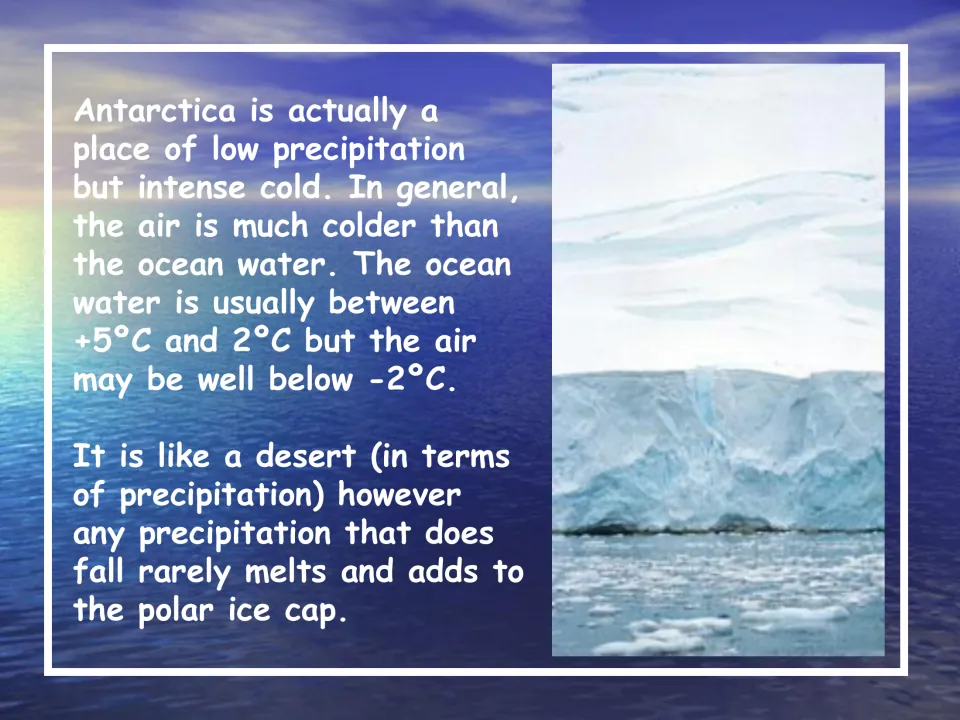 Climate slide explaining Antarctica's low precipitation, intense cold, and snow accumulation on the ice cap