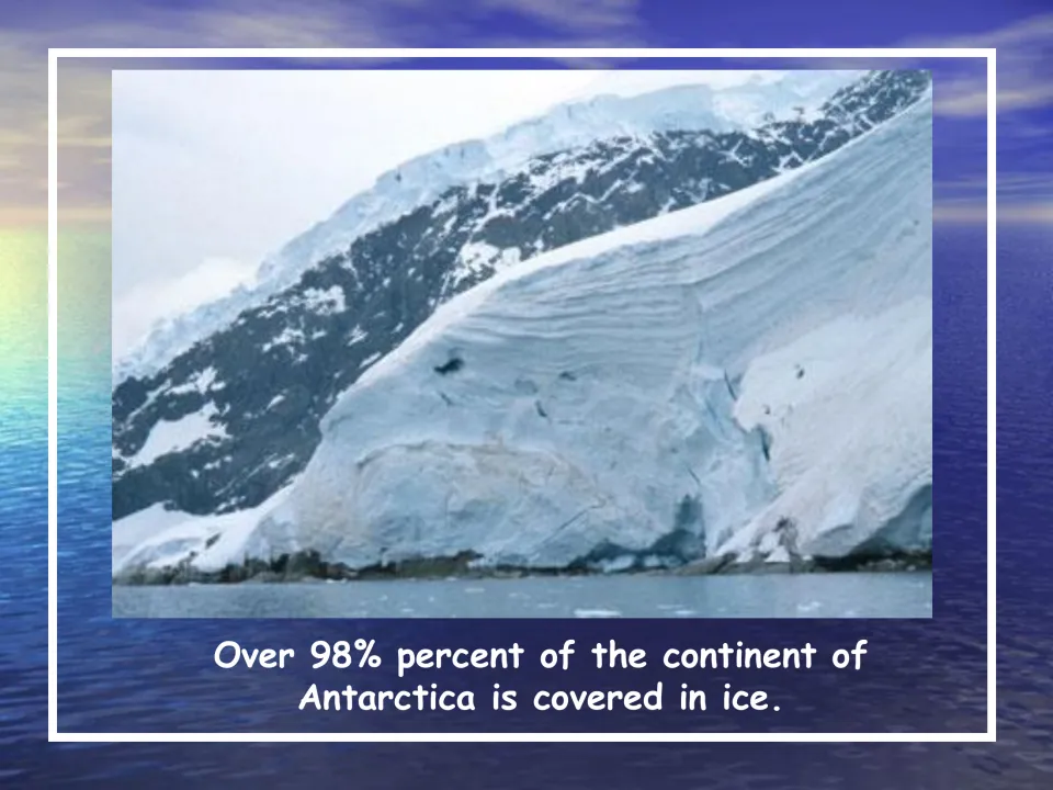 Ice coverage slide stating that over 98% of Antarctica is covered in ice, illustrated by a coastal photograph