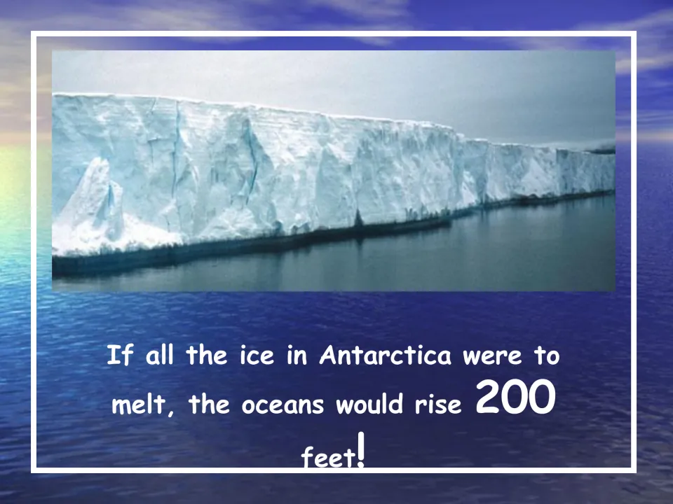 Sea level slide stating that oceans would rise 200 feet if all Antarctic ice melted, with an ice shelf photo