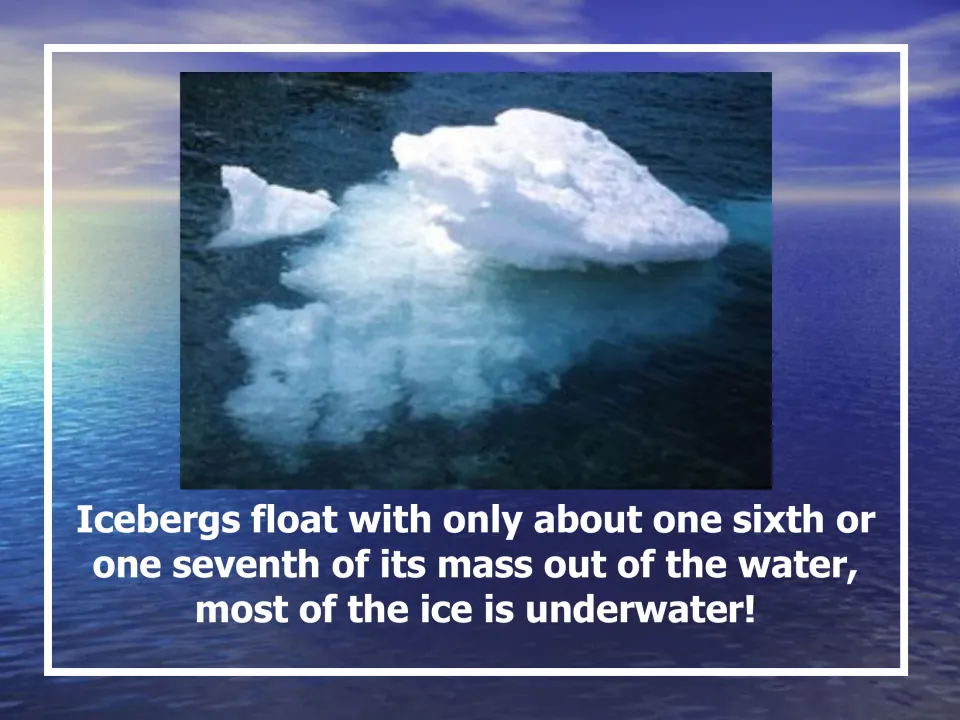 Iceberg slide stating that only one sixth or one seventh of its mass floats above water, with most below