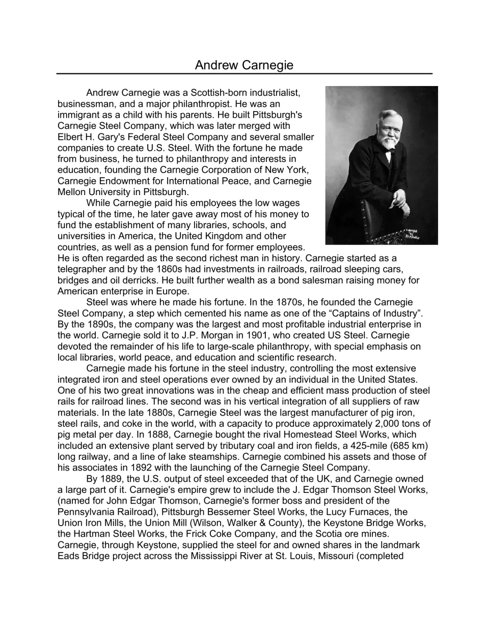 Andrew Carnegie biography with portrait: students read about his steel company, vertical integration and philanthropy