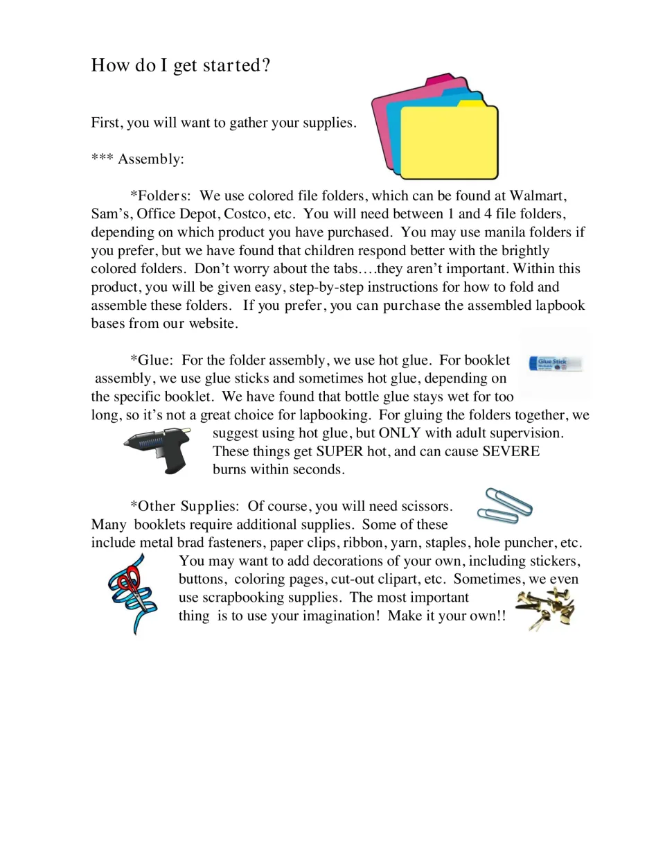 Getting started: lapbook supply list covering colored folders, glue sticks, hot glue safety, scissors and brad fasteners